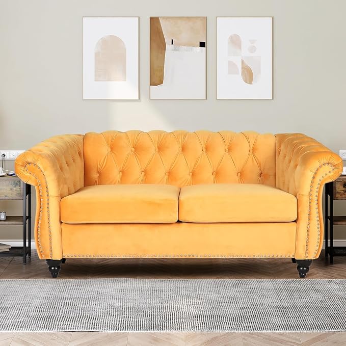 Mid-Century 2 Seater Sofa, Velvet Loveseat - Image 6