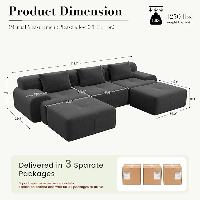 GRUSIGN 118'' Modular Sectional Oversized Boneless Couch, Tufted Cloud - Image 2
