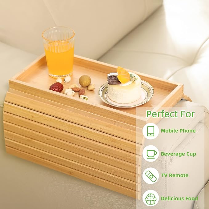 GEHE Bamboo Sofa Arm Tray, Foldable Couch Arm Tray Side Table, Anti-Falling - Image 3