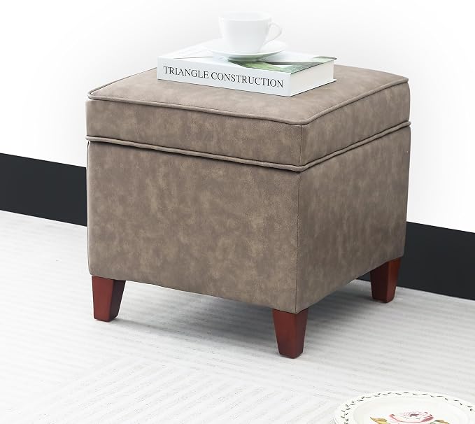 Adeco 17.5" Square Storage Ottoman, Faux Leather Flip Top Footstool & Coffee by Adeco