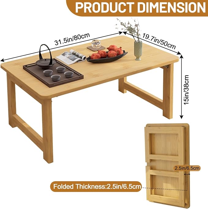 Japanese Floor Table, Bamboo Folding Coffee Table, Portable Solid Wood Japanese - Image 3