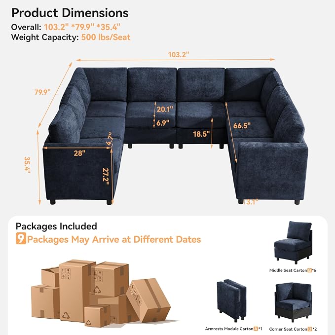 104'' U Shaped Modular Sofa, Sectional Couches - Image 2