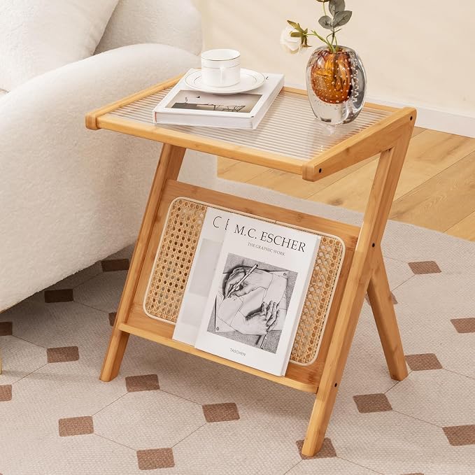 Giantex Rattan Side Table Set of 2, Boho Nightstand - Image 2