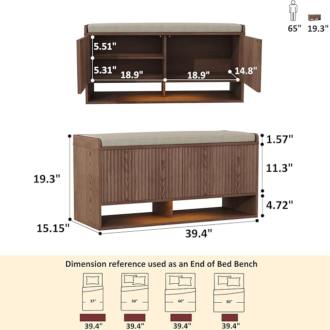 HOMEFORT 39.4" Fluted Shoe Storage Bench, Entryway Bench - Image 2