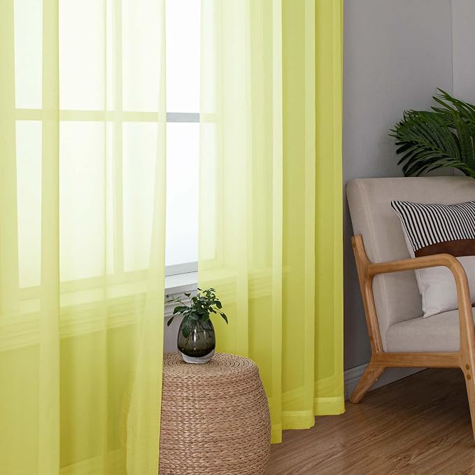 Lemon Sheer Curtains 72 Inches Long 2 Panels, Solid Voile Rustic Window Curtains - Image 2