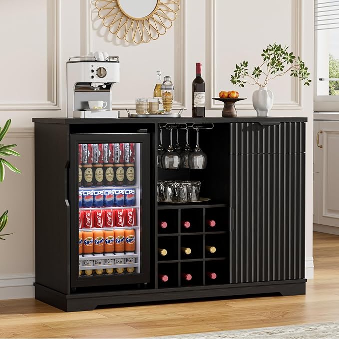 Coffee Bar Cabinet with Fridge, Fluted Wine Bar Cabinet with Wine Rack and by Unknown