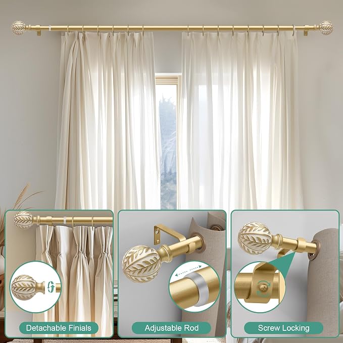 QDWIS 2 Pack Gold Curtain Rods for Windows 28 to 48 inch, Rustic Decorative - Image 9