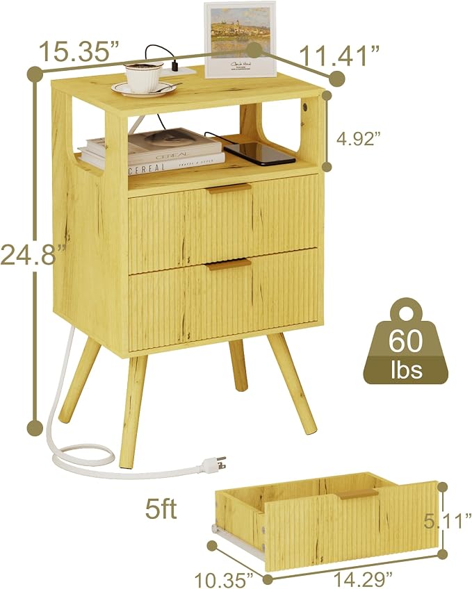 JOONEE Nightstand with Charging Station and LED Lights, Modern Bedside Table - Image 2