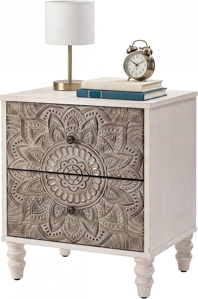 HOMPUS White Nightstand with 2 Drawers, Lotus Flower Carved Wood Bedside Table - Image 9