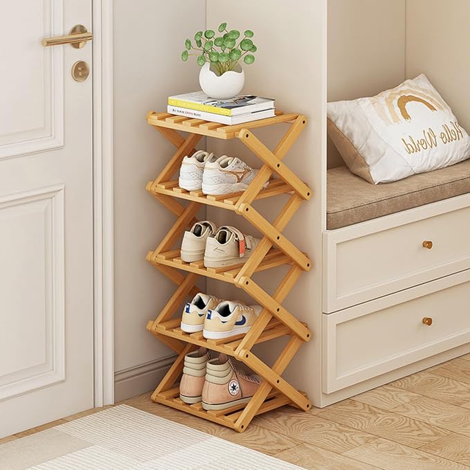Foldable Shoe Rack, Bamboo Vertical Shoe Organizer Tall by XZXWZX