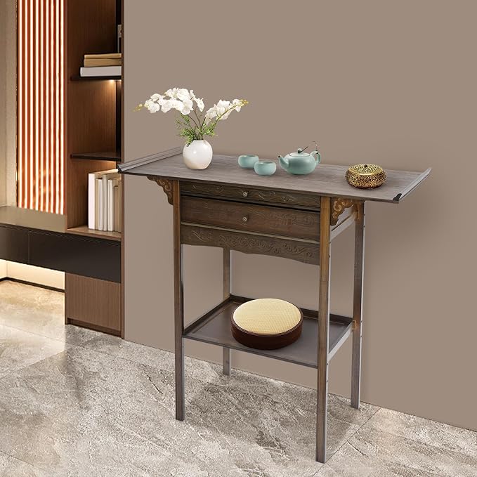 Bamboo MDF Altar Table with 2 Drawers and Storage Shelf, Retro Asian Design - Image 5