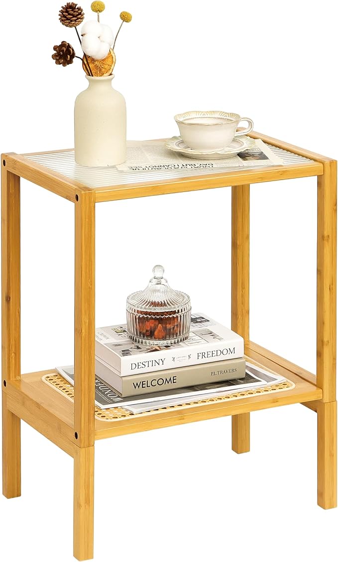 2-Tier Bamboo Side Table, Modern Glasstop Rattan Side Table, Mid Century Wood - Image 9