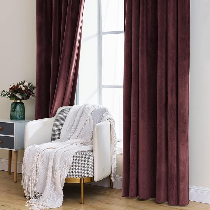 MIULEE Velvet Curtains 52x90 inches 2 Panels Ruby Wine Blackout Curtains | - Image 7