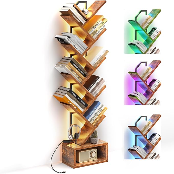 Casaottima Tree Bookshelf with LED Lights, 8-Tier Narrow Bookcase by Casaottima
