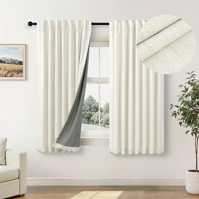 Short Blackout Curtains for Bedroom 45 Inch Length 2 Panels Faux Linen Cream by Pitalk