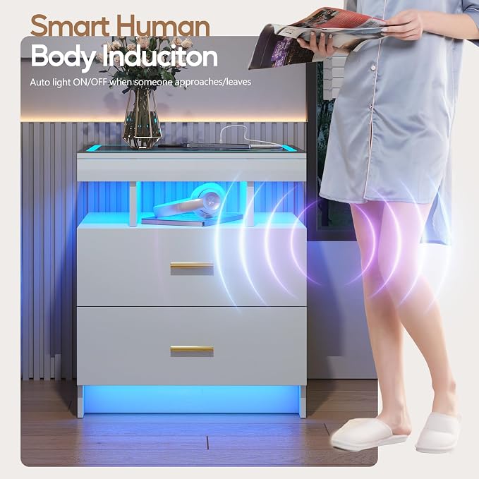 LED Nightstand with Wireless Charging Station, Glass Top Smart Bedside Table - Image 5