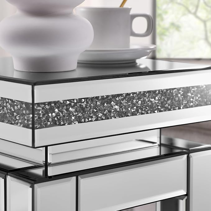 Mirrored End Table Square with Crystals, 2-Tier Modern Small Sofa Table with - Image 4