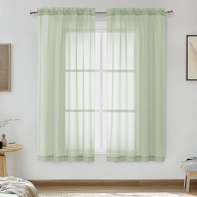 Light Green Sheer Curtains 54 Inches Long 2 Panels by OVZME