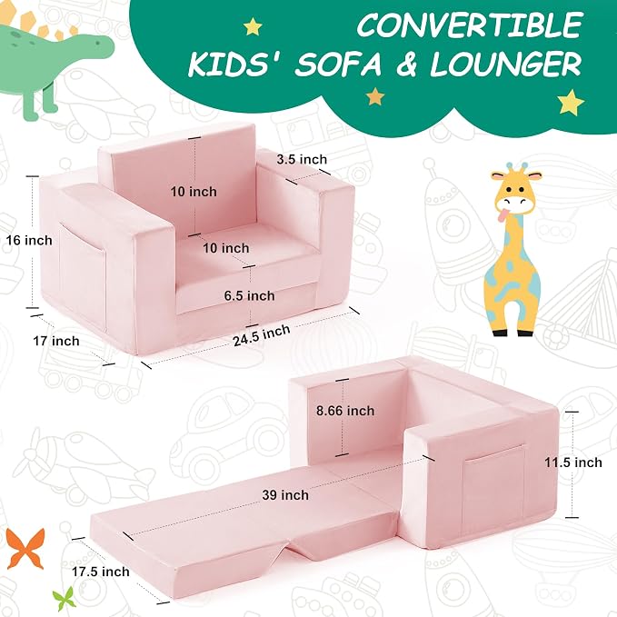 Kids Couch, 2-in-1 Toddler Chair Comfy 1-3 Years, Convertible Kids Chair - Image 3