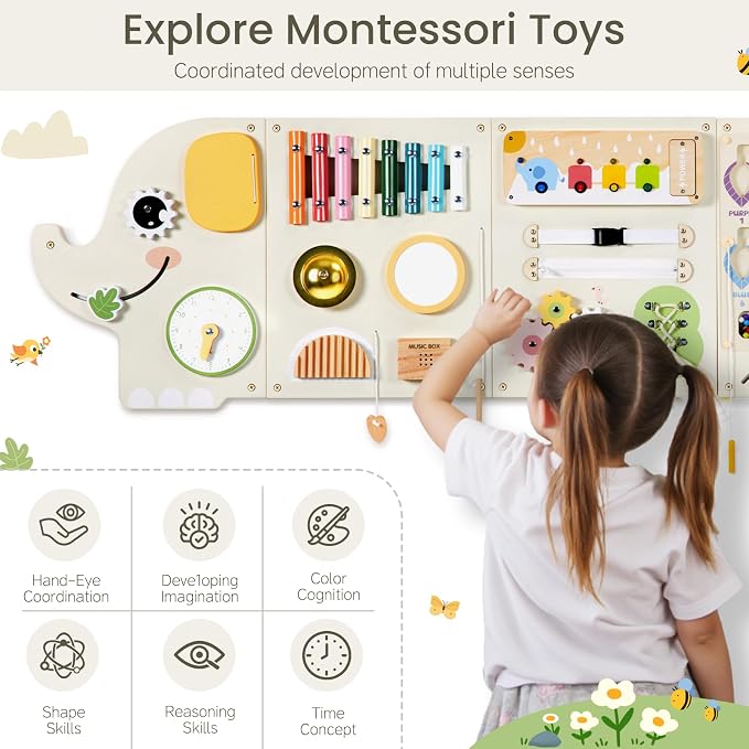 Elephant Activity Wall Busy Board Panels, Wooden Montessori Learning Activity - Image 4