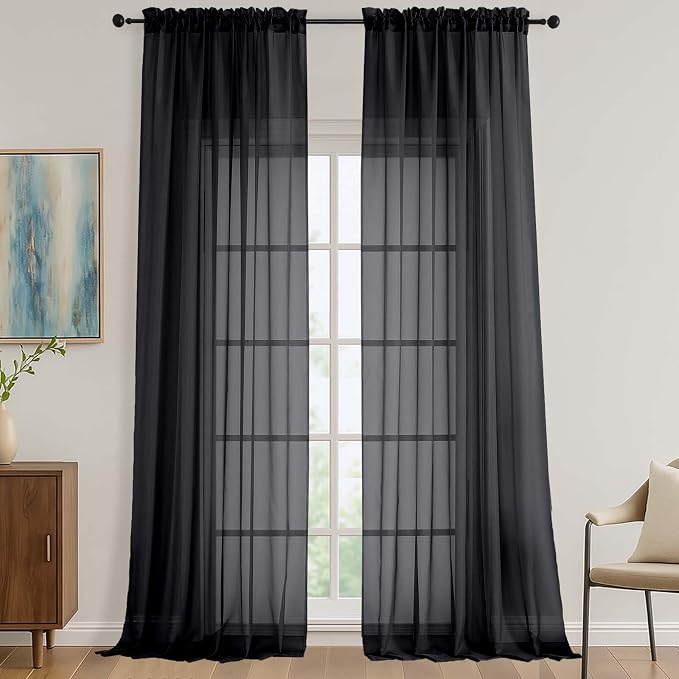 Black Sheer Curtains 108 Inches Long 2 Panels Set, 59 Inch Extra Wide by OVZME