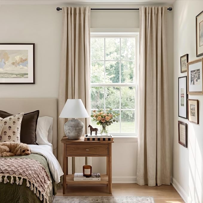 100% Blackout Curtains for Bedroom Oatmeal Linen Look Curtains 63 Inch Long | - Image 5