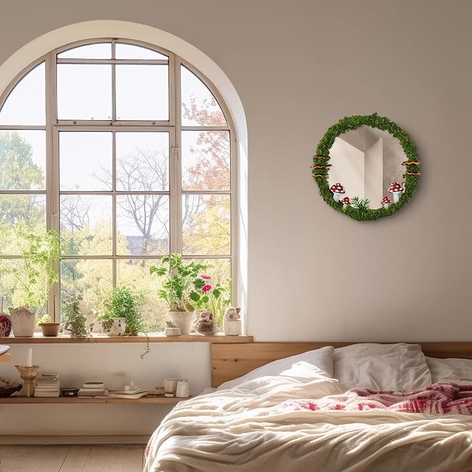 EVOLUX Wall Mirror Mushroom Decor Handmade Moss Round Hanging Mirror Cottage - Image 2