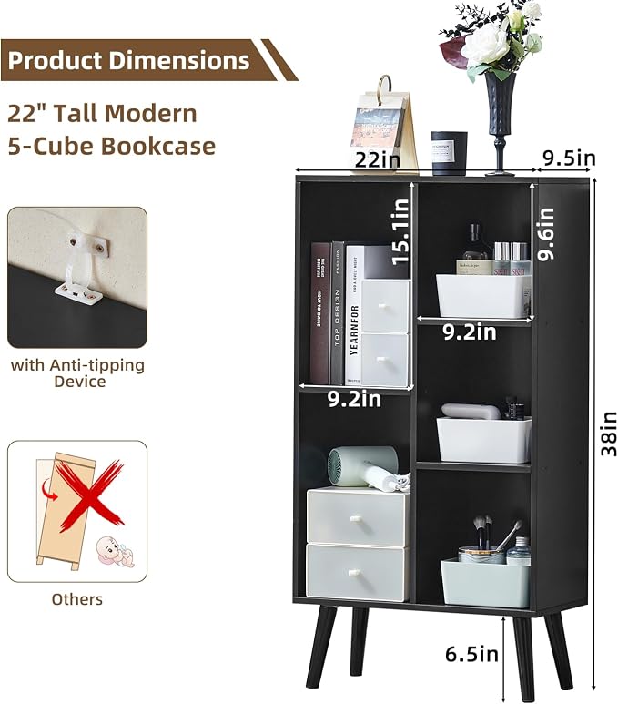 LEYAOYAO 5 Cube Bookshelf 3-Tier Bookcase - Image 2