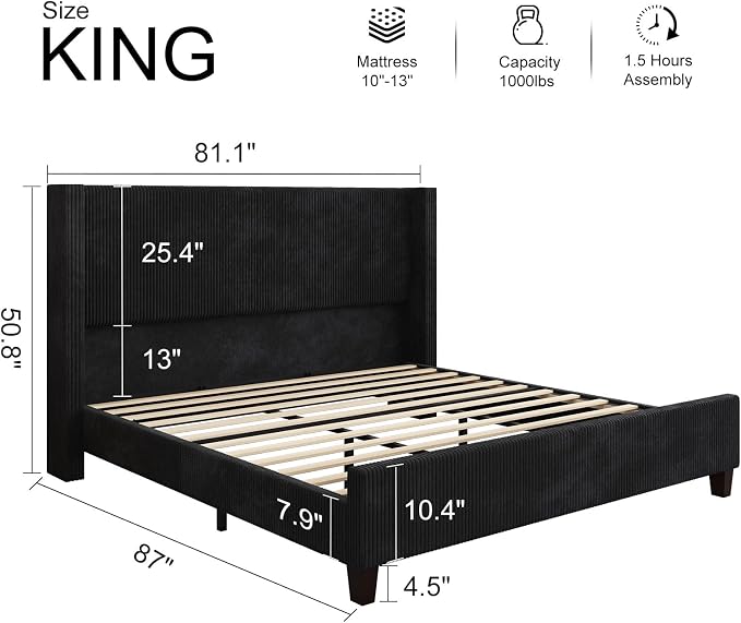 HOWE King Size Bed Frame with 50.8" Tall Wingback Headboard, Modern Corduroy - Image 2
