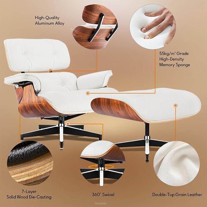 Top Grain Leather, Mid Century Chaise Lounge Chair and Ottoman, Modern Chair - Image 5