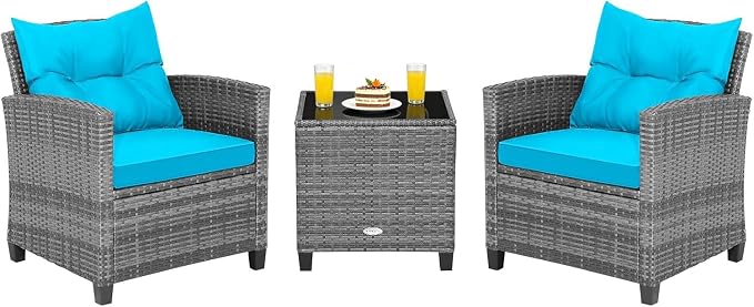 COSTWAY 3PCS Patio Furniture Set, PE Rattan Wicker Sofa w/Washable Cushion and by COSTWAY