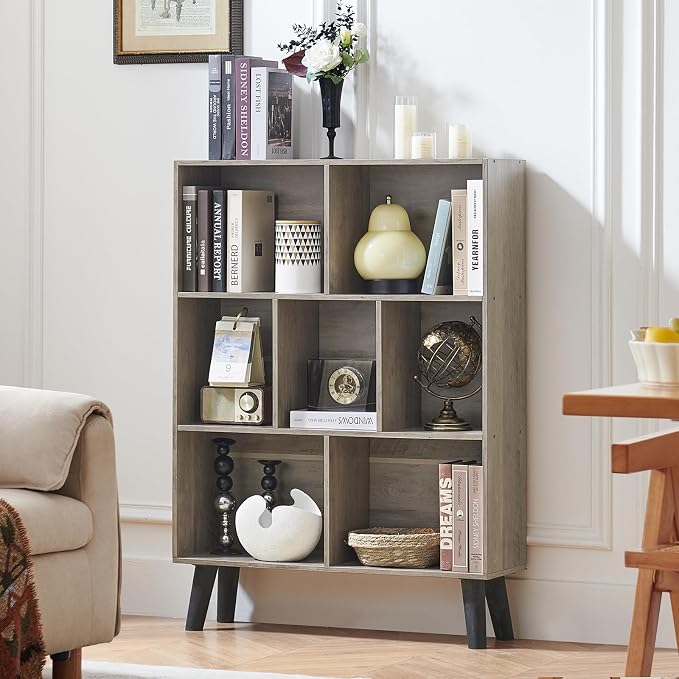 LEYAOYAO Cube Bookshelf 3 Tier Mid-Century Retro Grey Modern Bookcase - Image 8
