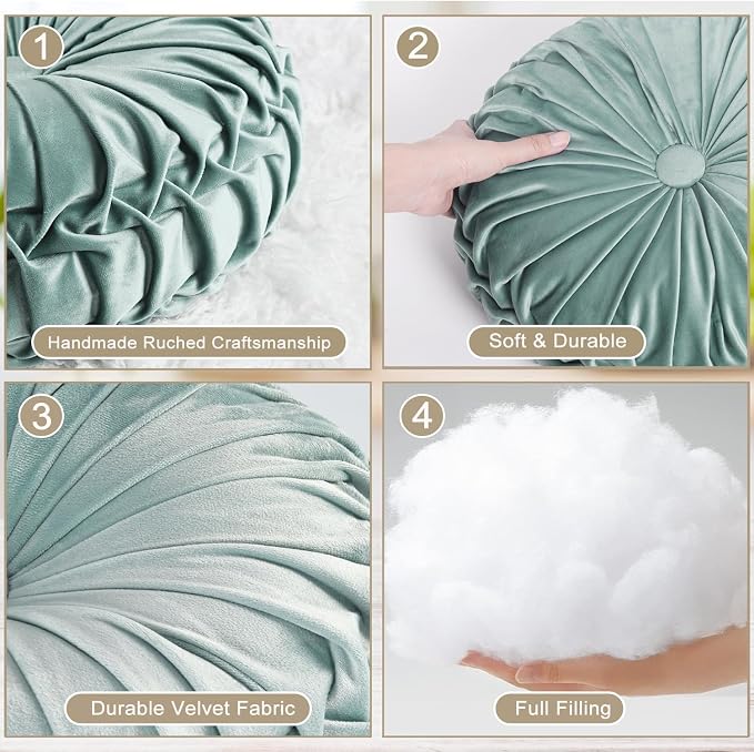 HIG Set of 2 Aqua Velvet Decorative Round Pleated Throw Pillows | Vintage Floor - Image 3