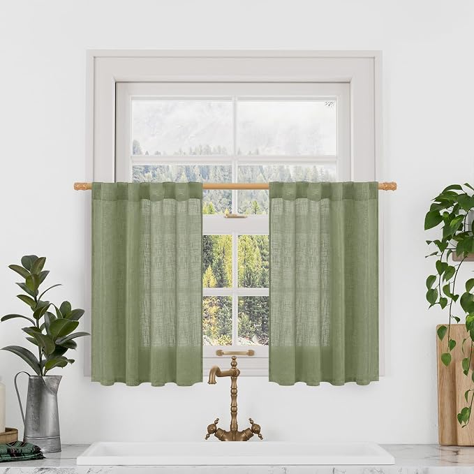 Sage Green Linen Curtains 30 Inch Length by LAMIT
