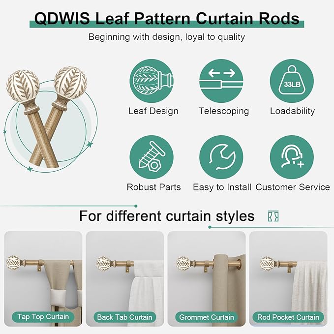 QDWIS 2 Pack Boho Wood Curtain Rods - Image 6