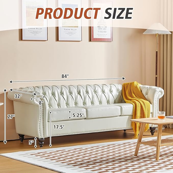 Mid-Century 3 Seater Sofa, Faux Leather Couch - Image 2
