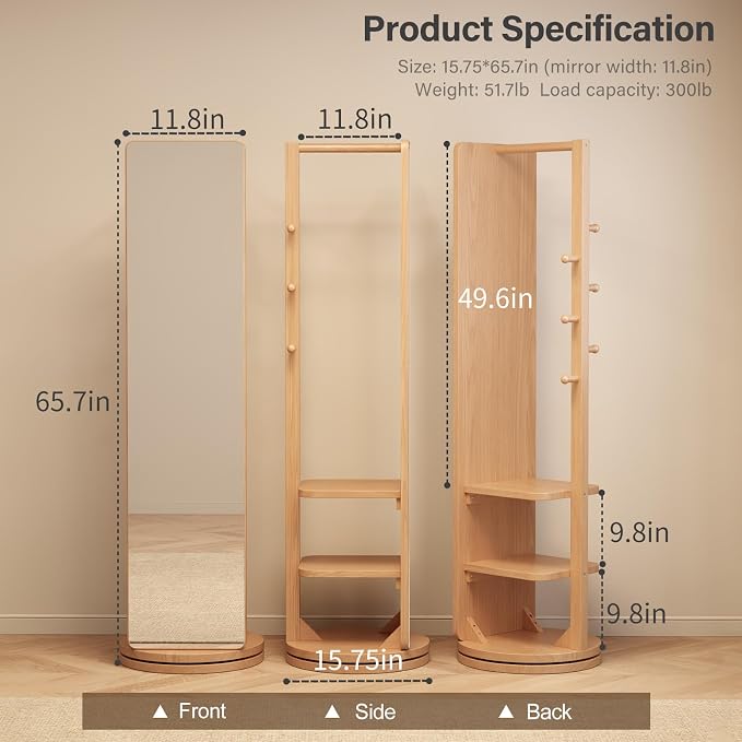 WoodsWhisper Full Length Mirror Coat Rack Solid Wood Floor Mirror 66"x12" Full - Image 9