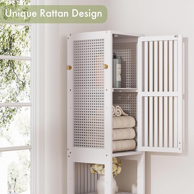 Amazer White Bathroom Storage Cabinet 70'', Bamboo Slim Storage Cabinet - Image 6