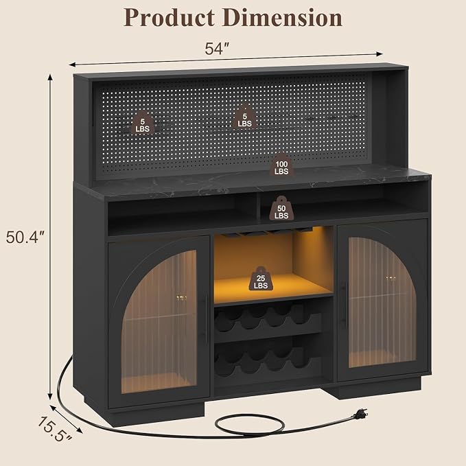 54" Coffee Bar Cabinet with Pegboard, Baskets & Movable Charging Station - Image 2