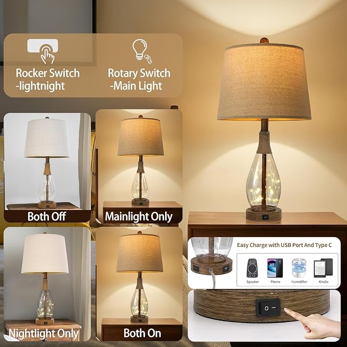 OYEARS 23" USB A+C Table Lamps for Bedroom Living Room Modern Bedside Lamps - Image 2