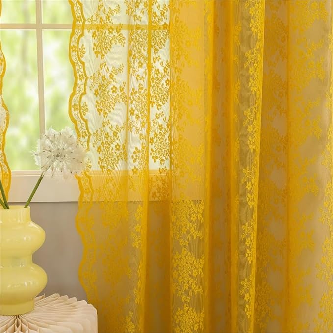 YJ YANJUN Vintage Lace Curtains 72 Inches Long-Victorian Floral Pattern Mustard - Image 4
