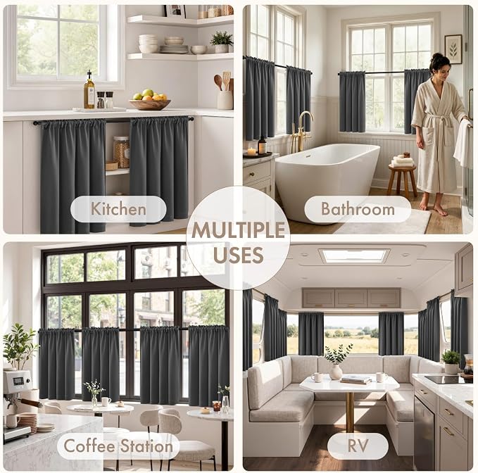 MIULEE 4-Panel 36 Inch Blackout Kitchen Tier Curtains Over Sink Grey | Privacy - Image 6