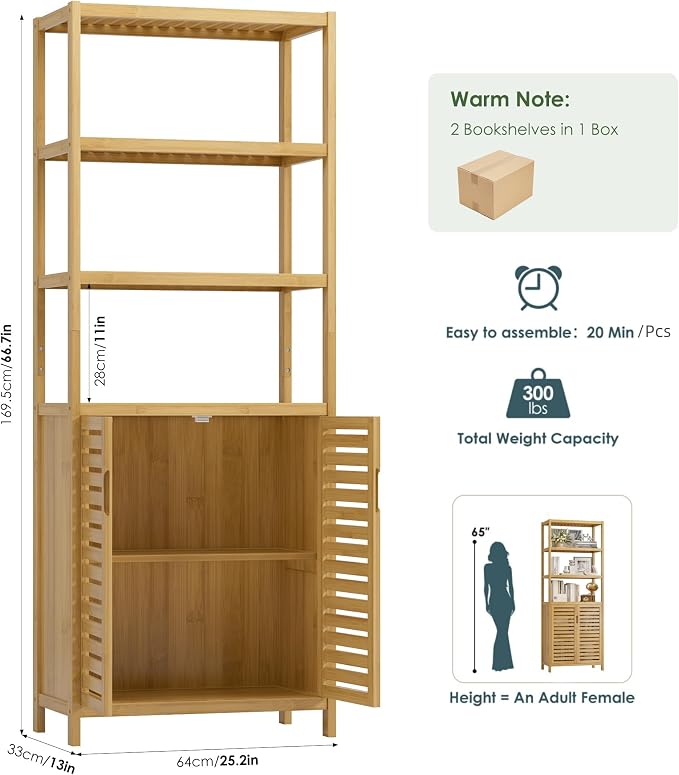 HIFIT 2 Set Tall Shelf Unit Bamboo Storage Cabinet - Image 3