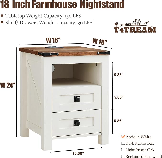 T4TREAM Nightstand with Charging Station, End Table, Side Table with 2 Drawers - Image 2