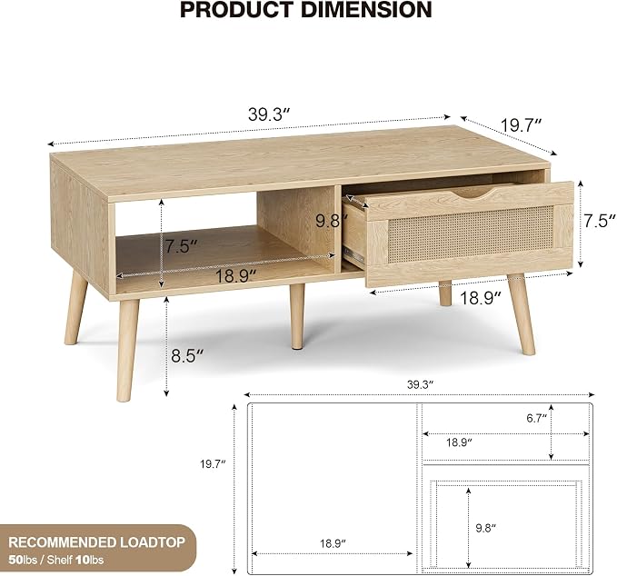 ZttRiee Coffee Table with Storage, Boho Dining Table with Rattan Drawer and - Image 2