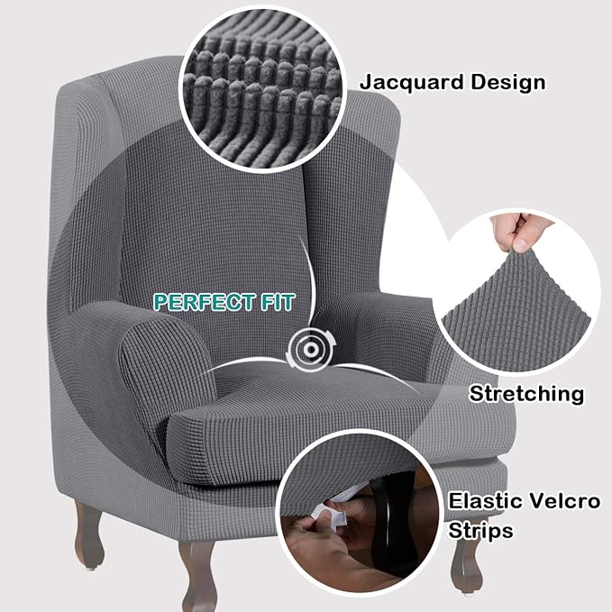 Turquoize Wingback Chair Covers 2 Piece Wing Chair Slipcover Stretch Slipcovers - Image 3