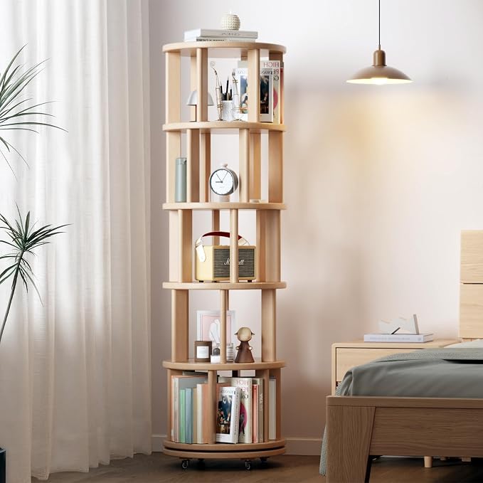 Muwuele Solid Wood Rotating Bookshelf on Wheels, 5 Tier, Round Revolving - Image 8