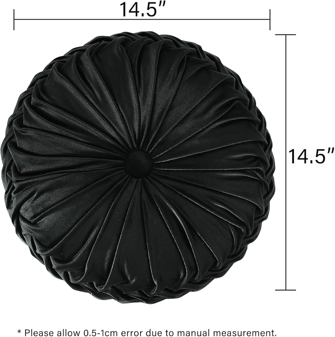 HIG Set of 2 Black Velvet Decorative Round Pleated Throw Pillows | Vintage - Image 4