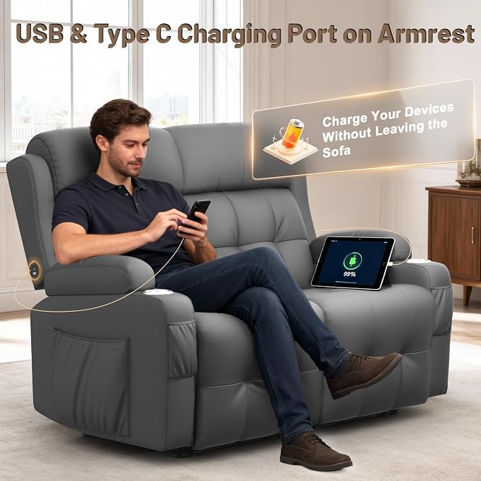 Reclining Loveseat with Pebble Texture Fabric, Loveseat Recliner with USB/Type - Image 4