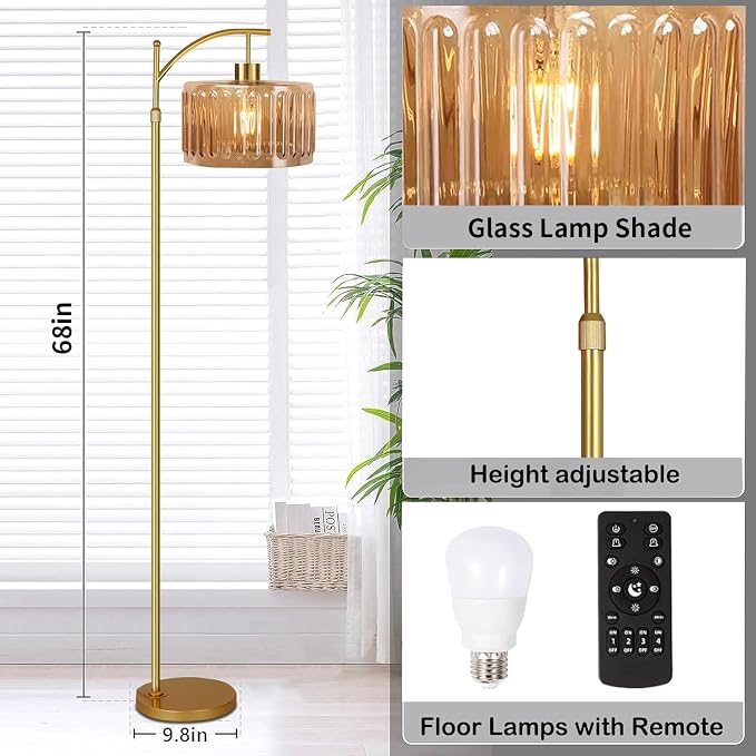 ILLMTW Glass Floor Lamp for Living Room, Dimmable Brass Tall Lamp Amber Flower - Image 5